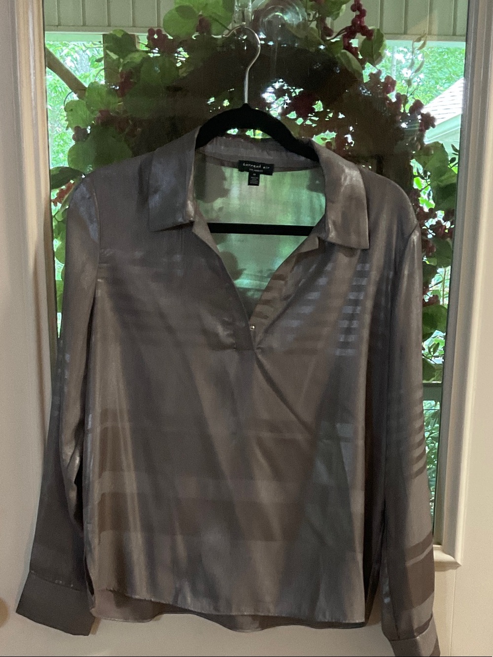 Current Air Silver-Gray Satin Button-Front Casual Shirt